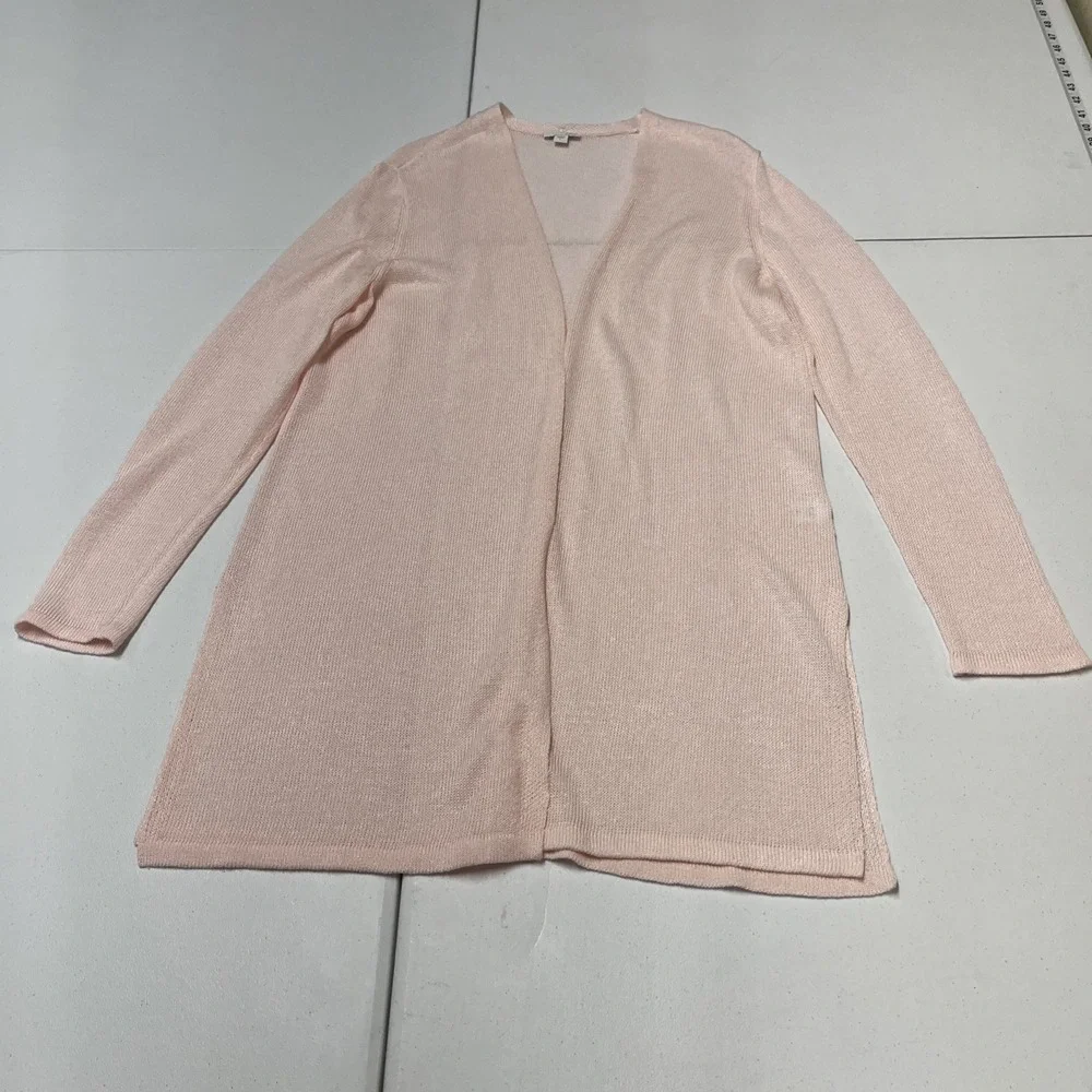J Jill Cardigan Pink Linen Blend Duster Open Front Size L Open Knit Lightweight